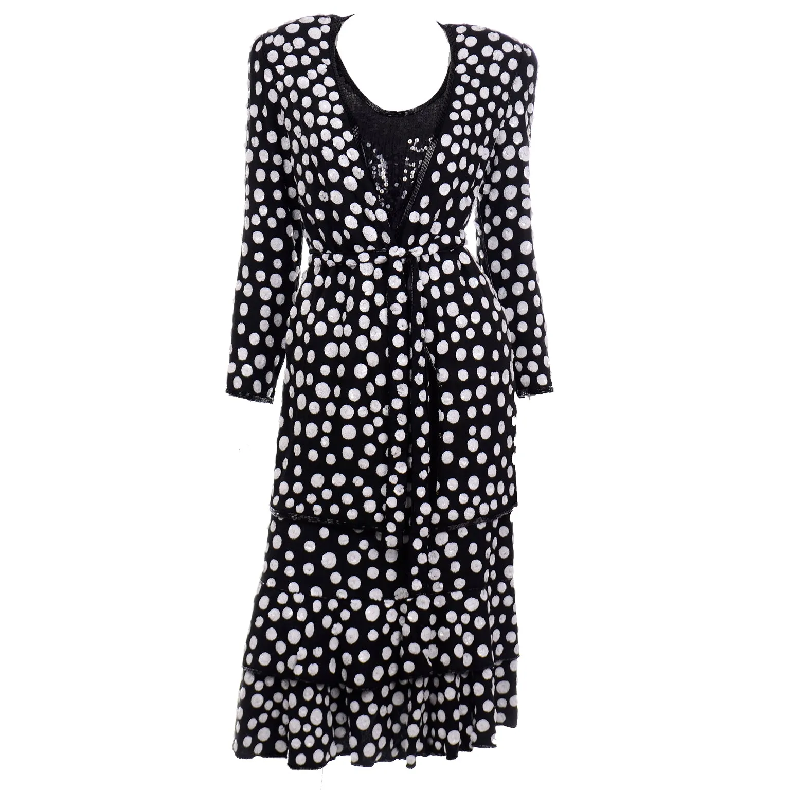 Judith Ann Creations Black & White Polka Dot Sequin Beaded Evening Outfit