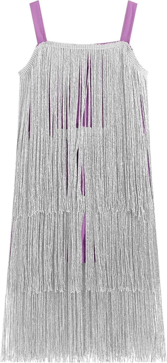 Kids Girls Sequin Fringe Dress Sparkling Tassel Sleeveless Dress Gatsby Flapper Dance Wear Party Latin Dance Dress