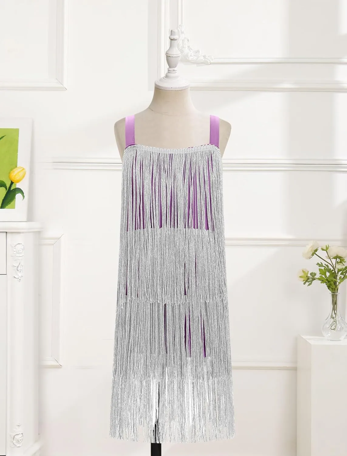 Kids Girls Sequin Fringe Dress Sparkling Tassel Sleeveless Dress Gatsby Flapper Dance Wear Party Latin Dance Dress