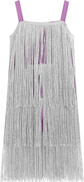 Kids Girls Sequin Fringe Dress Sparkling Tassel Sleeveless Dress Gatsby Flapper Dance Wear Party Latin Dance Dress