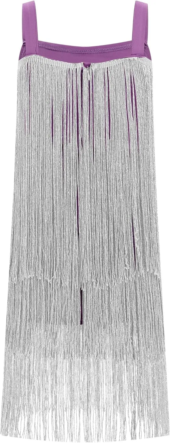 Kids Girls Sequin Fringe Dress Sparkling Tassel Sleeveless Dress Gatsby Flapper Dance Wear Party Latin Dance Dress