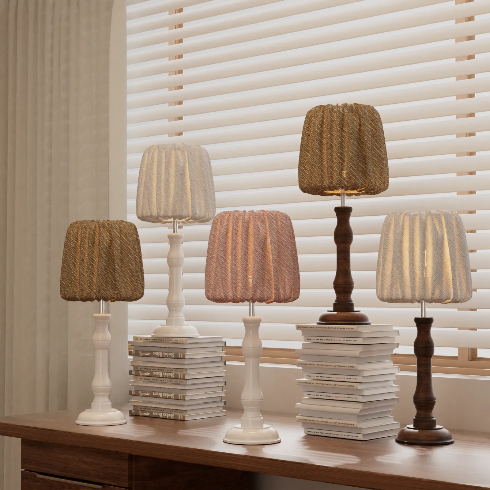 LEJDO Nordic Ancient Style Timber Table Light with Fabric lampshade E27