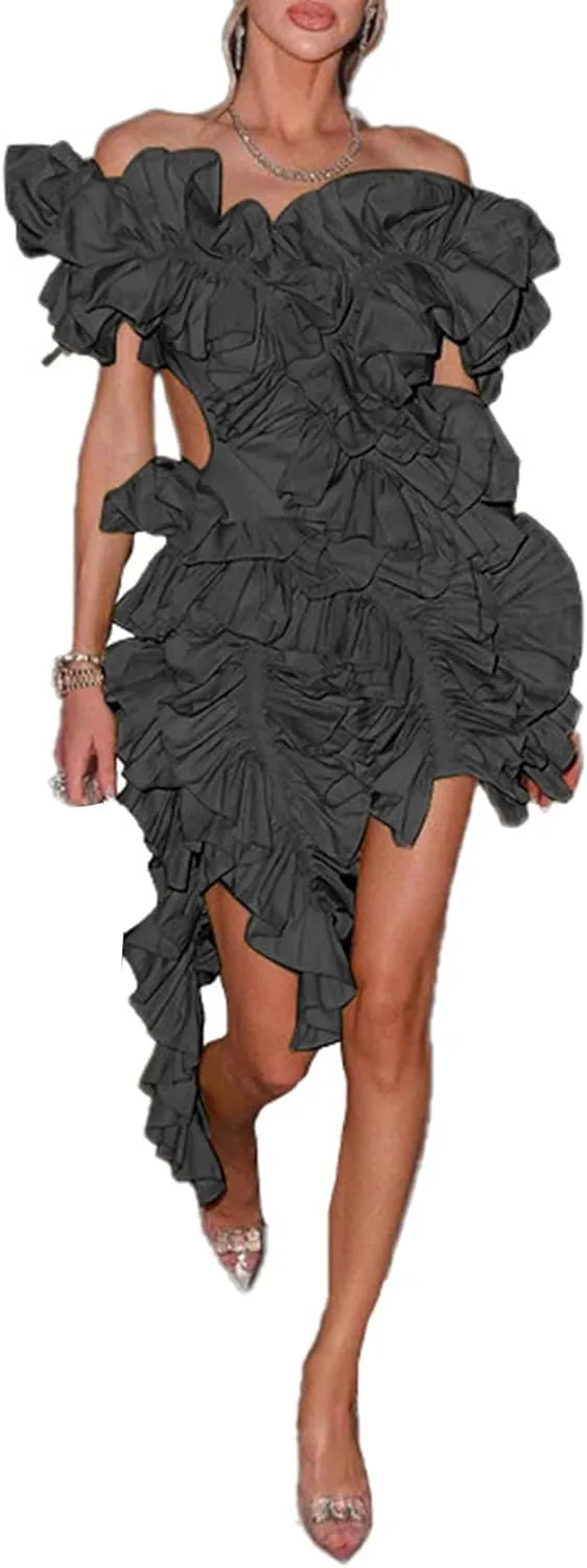 LETSVDO Womens Off Shoulder Dress Sleeveless Backless Asymmetrical Bodycon Formal Wedding Guest Cocktail Mini Dresses