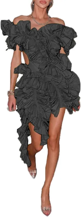 LETSVDO Womens Off Shoulder Dress Sleeveless Backless Asymmetrical Bodycon Formal Wedding Guest Cocktail Mini Dresses