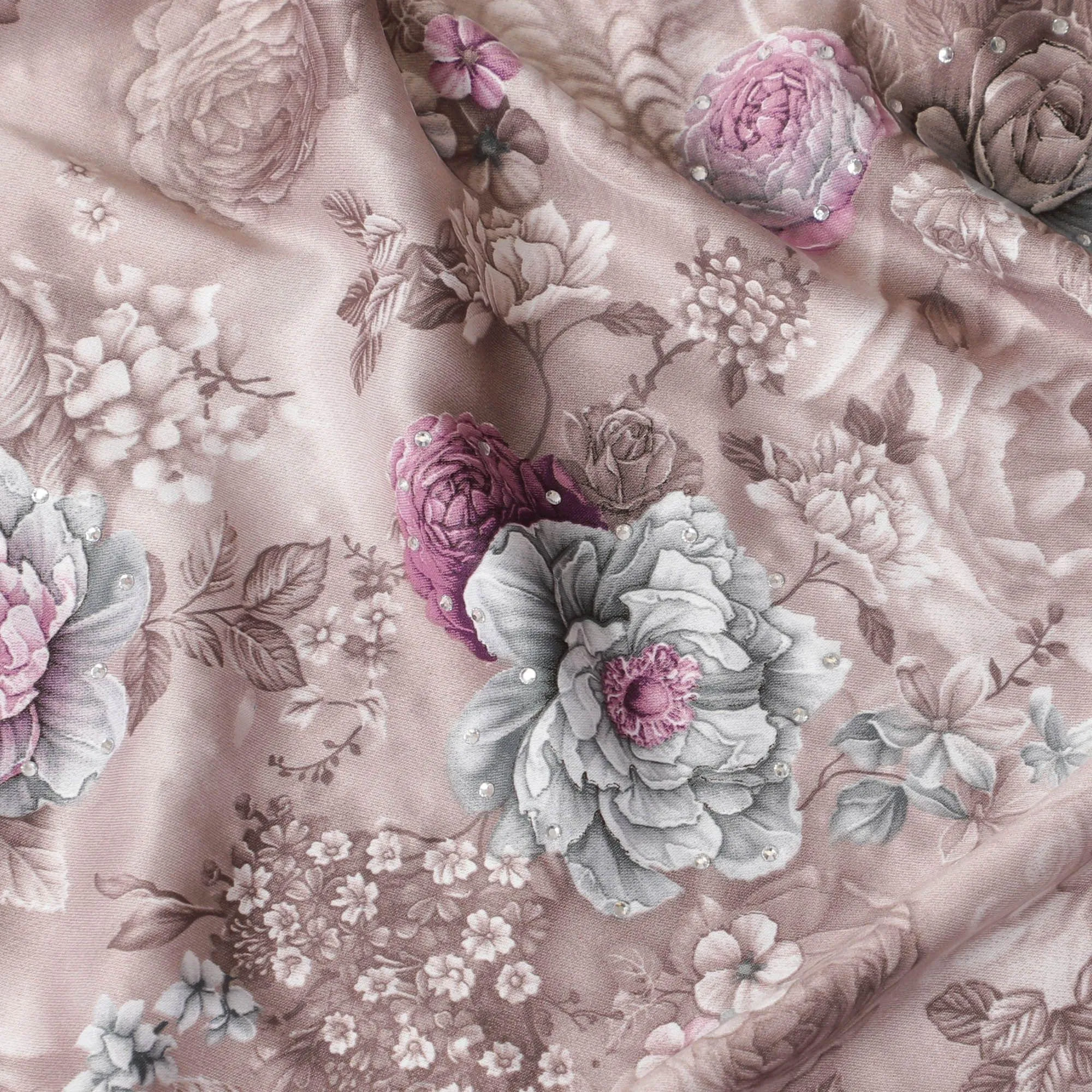 Light brown synthetic crepe fabric with multicolor print having stone work in floral design-D15311