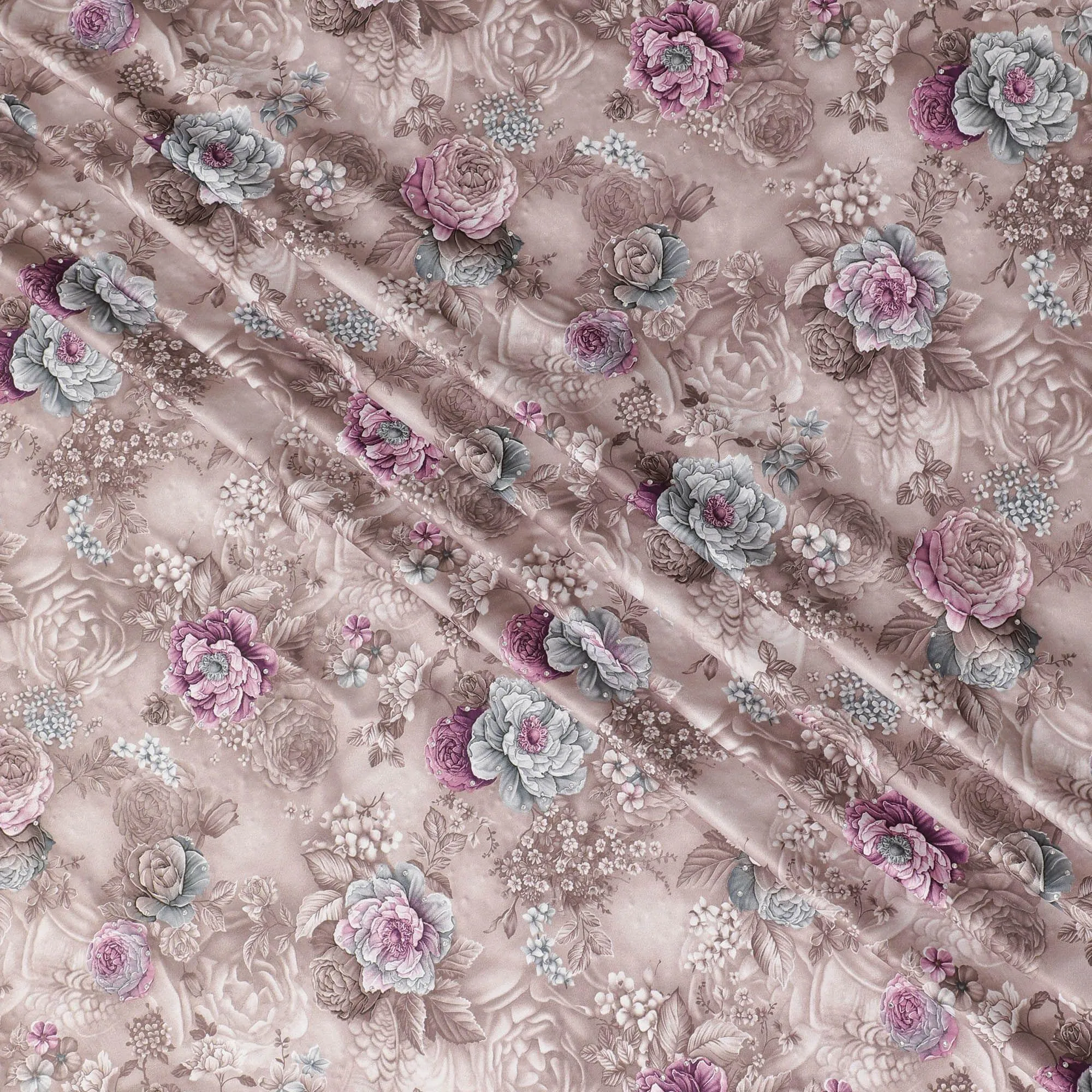 Light brown synthetic crepe fabric with multicolor print having stone work in floral design-D15311