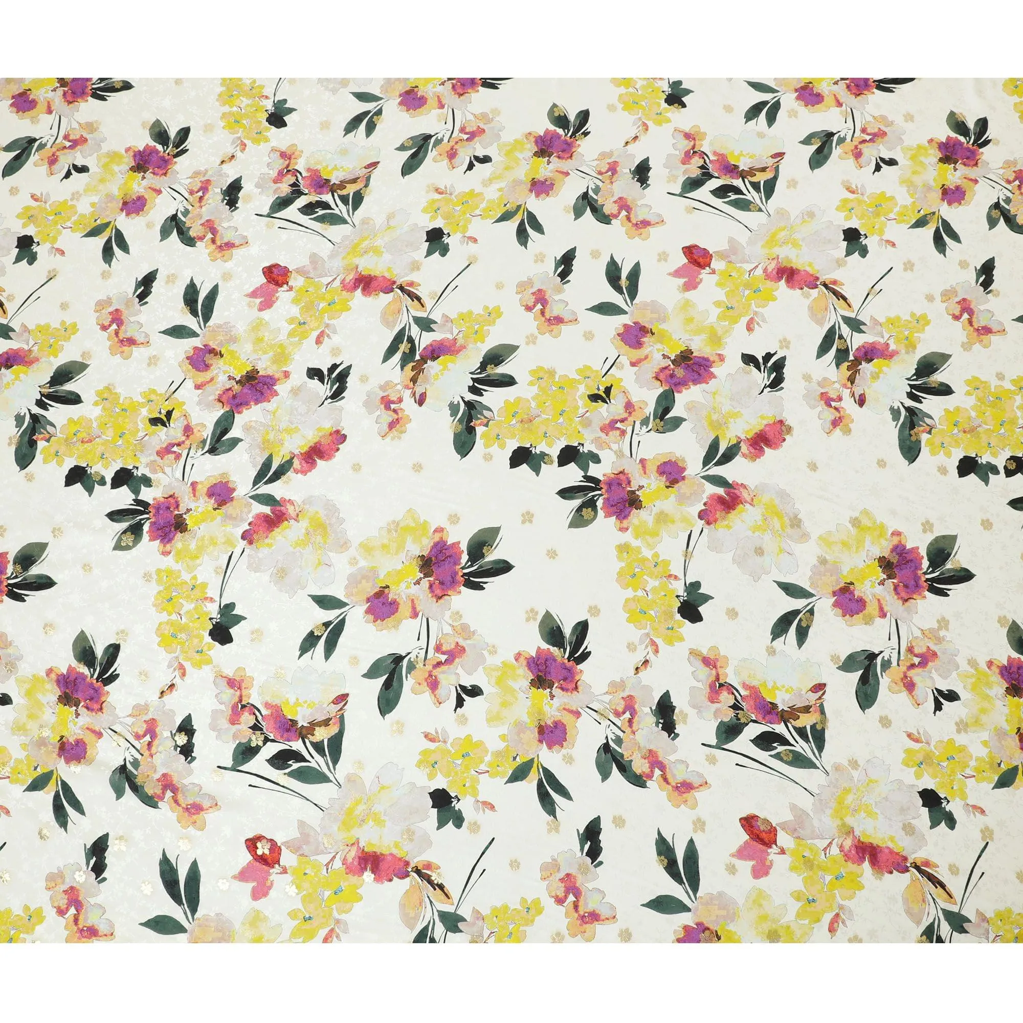 Light gold Premium pure silk crepe fabric with same tone jacquard having multicolor print gold metallic lurex in floral design-D15739