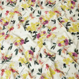 Light gold Premium pure silk crepe fabric with same tone jacquard having multicolor print gold metallic lurex in floral design-D15739