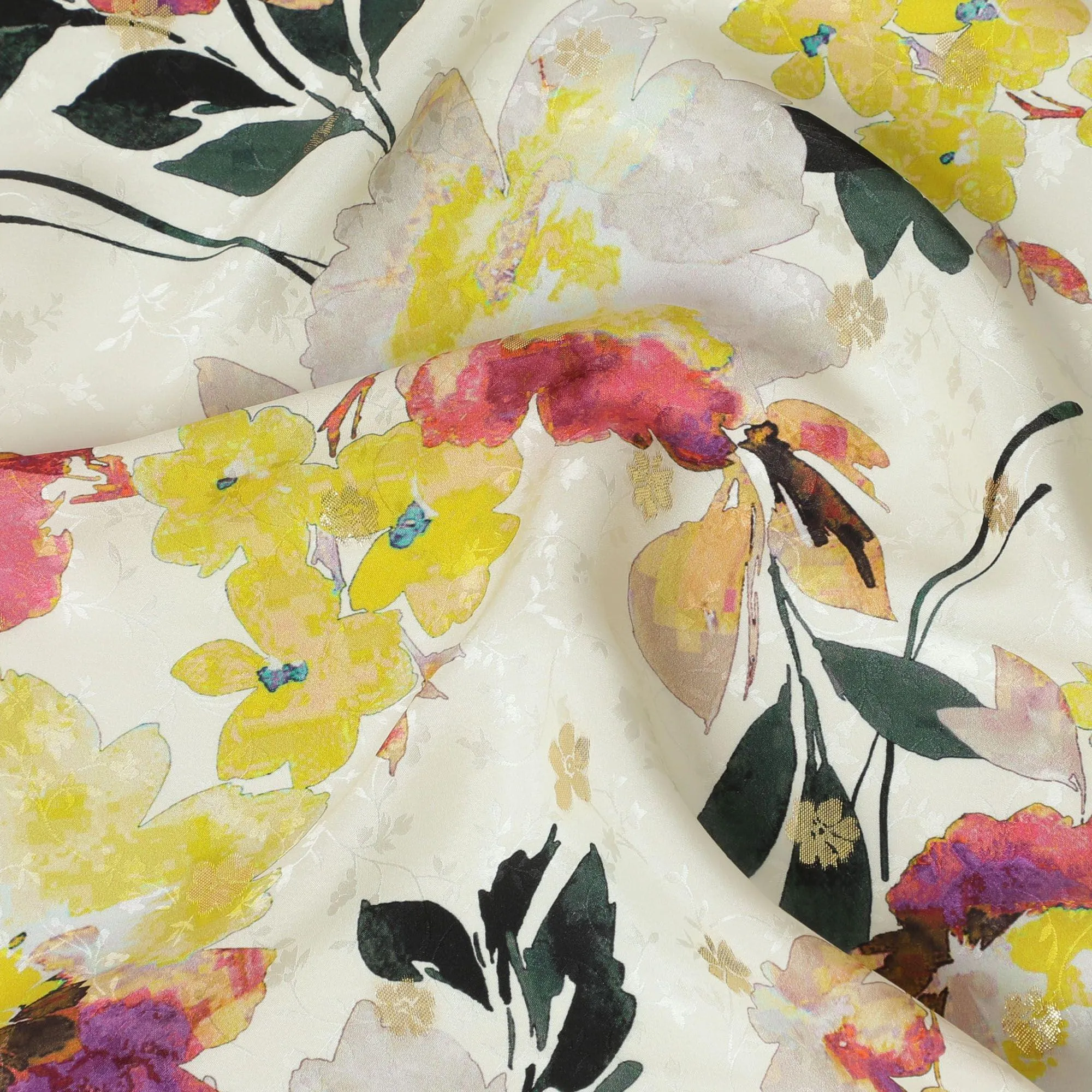 Light gold Premium pure silk crepe fabric with same tone jacquard having multicolor print gold metallic lurex in floral design-D15739