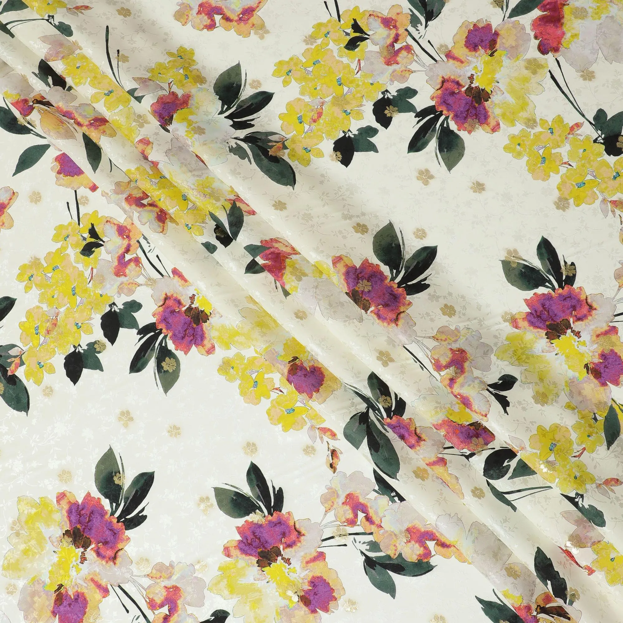 Light gold Premium pure silk crepe fabric with same tone jacquard having multicolor print gold metallic lurex in floral design-D15739
