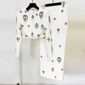 Long Sleeve Crystal Embellished Two-piece Skirt Suit Beaded Crop Top Midi Skirt Suit