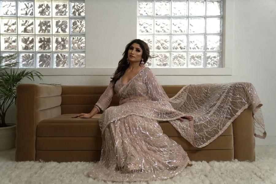 Mauve & Silver net Sari with heavy Sequin work with 3/4 Sleeved Blouse