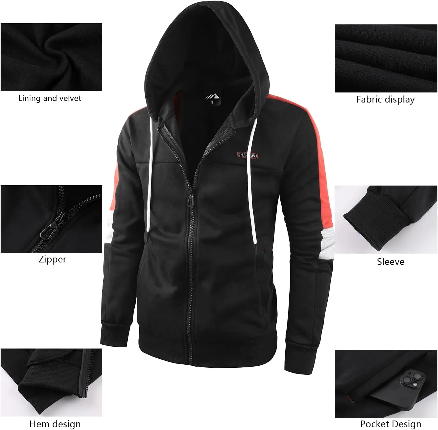 Men's Full Zip Fleece Hoodie zippered Color Block hooded slim Fit Long Sleeve Lightweight Sweatshirt