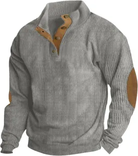 Mens Long Sleeve Sweatshirts Corduroy Elbow Patches Shirt Lapel Collar Pullover Fall Western Tops
