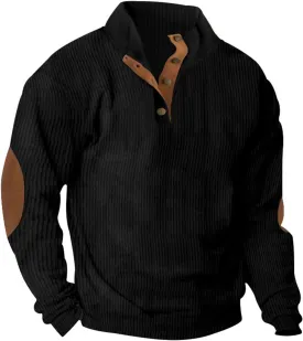 Mens Sweatshirt Corduroy Tactical Henley Shirts Long Sleeve Elbow Patch Draped Pullover Casual Stand Collar Slim Shirt