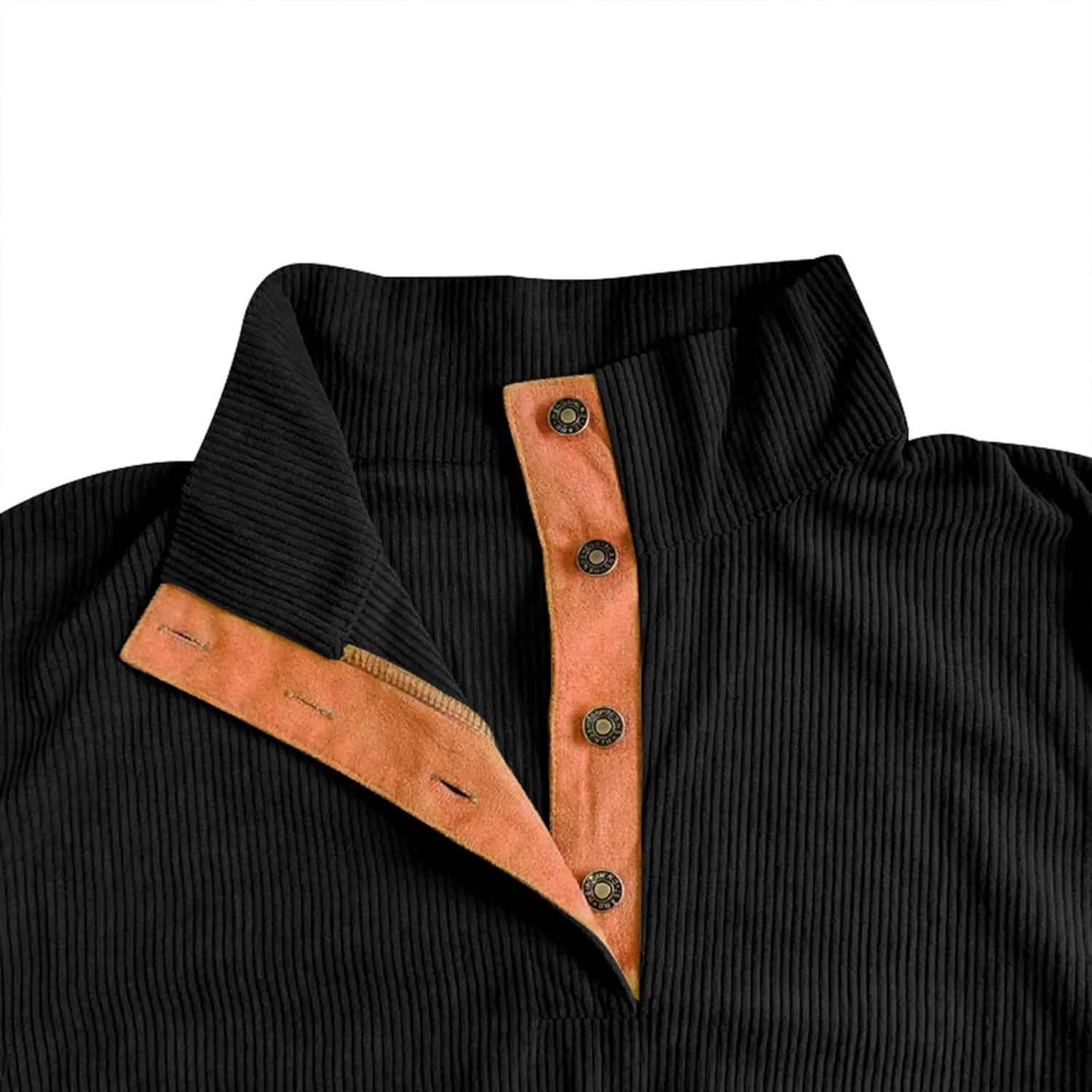 Mens Sweatshirt Corduroy Tactical Henley Shirts Long Sleeve Elbow Patch Draped Pullover Casual Stand Collar Slim Shirt
