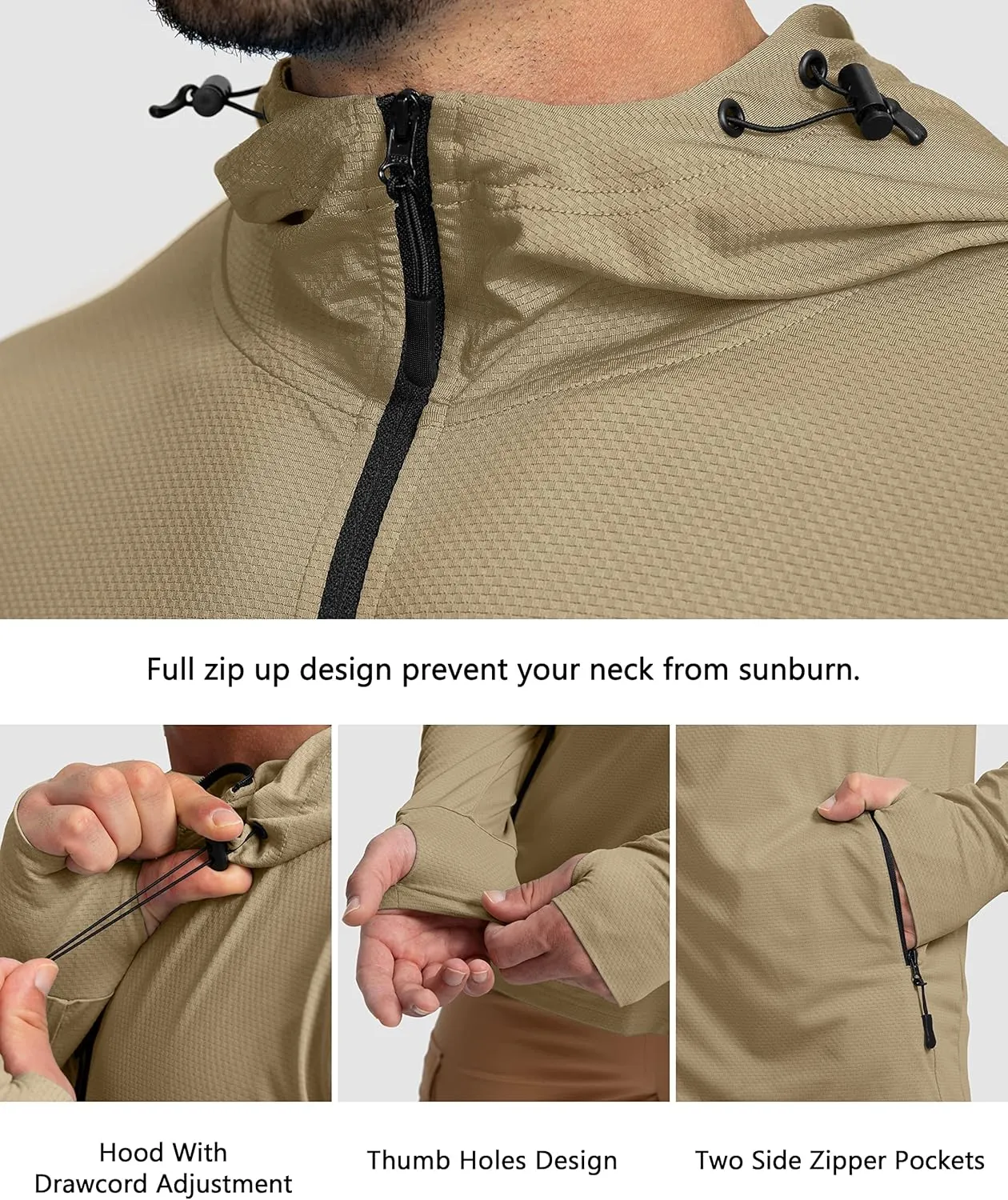 Men's UPF 50  Light Jacket Full Zip Sun Protection Hoodie Long Sleeve Sun Shirts for Men Hiking Fishing Zip Pockets