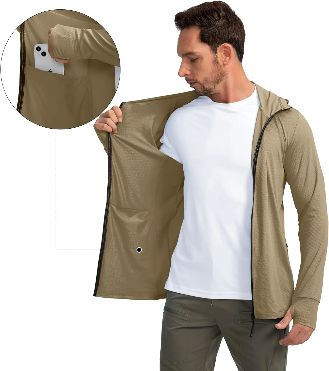 Men's UPF 50  Light Jacket Full Zip Sun Protection Hoodie Long Sleeve Sun Shirts for Men Hiking Fishing Zip Pockets