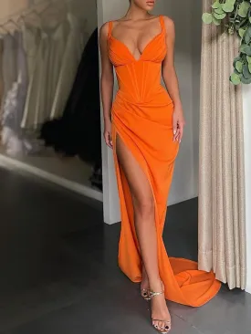 Mermaid / Trumpet Evening Gown Corsets Dress Formal Court Train Sleeveless V Neck Charmeuse with Slit Pure Color 2023