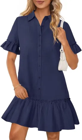 MEROKEETY Women's Summer Button Down Shirt Dress Casual Ruffle Sleeve Shift Mini Dresses with Pockets