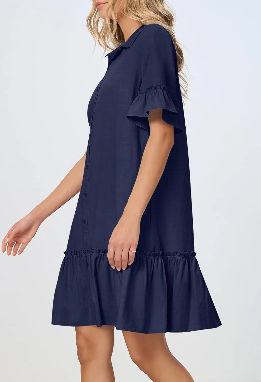 MEROKEETY Women's Summer Button Down Shirt Dress Casual Ruffle Sleeve Shift Mini Dresses with Pockets