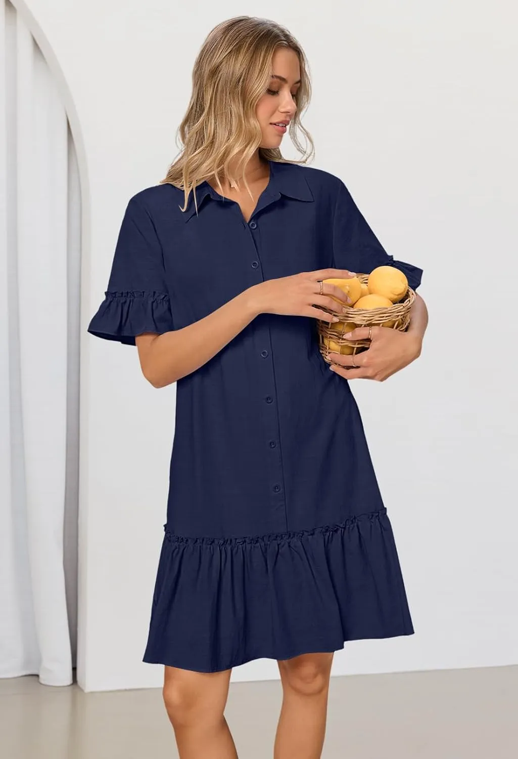 MEROKEETY Women's Summer Button Down Shirt Dress Casual Ruffle Sleeve Shift Mini Dresses with Pockets