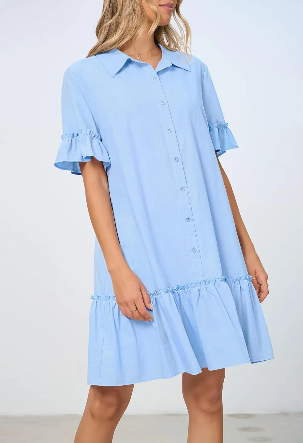 MEROKEETY Women's Summer Button Down Shirt Dress Casual Ruffle Sleeve Shift Mini Dresses with Pockets
