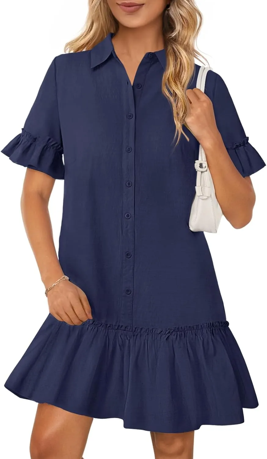 MEROKEETY Women's Summer Button Down Shirt Dress Casual Ruffle Sleeve Shift Mini Dresses with Pockets