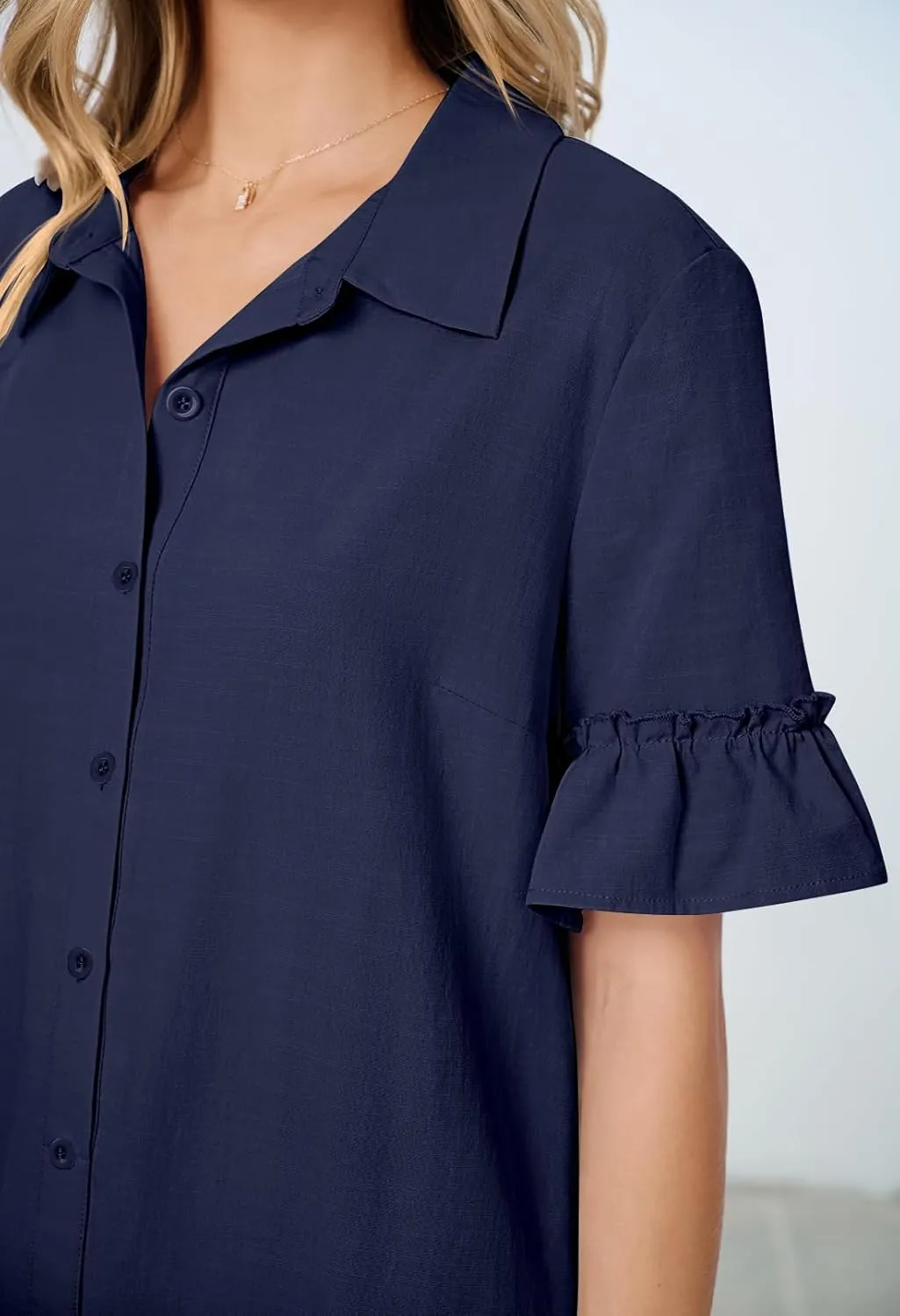 MEROKEETY Women's Summer Button Down Shirt Dress Casual Ruffle Sleeve Shift Mini Dresses with Pockets