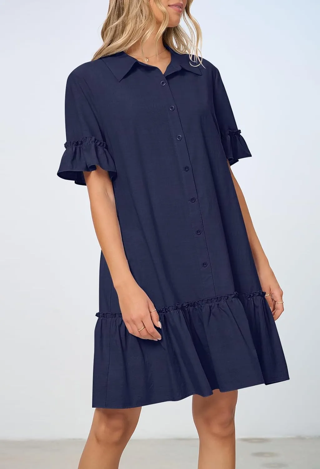 MEROKEETY Women's Summer Button Down Shirt Dress Casual Ruffle Sleeve Shift Mini Dresses with Pockets