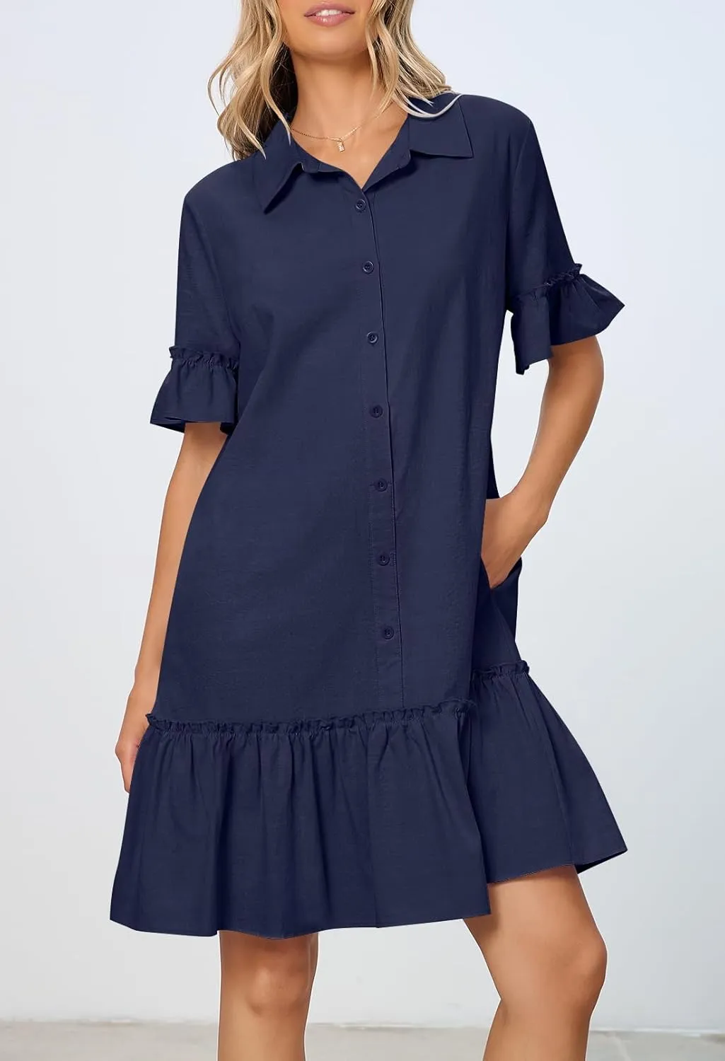 MEROKEETY Women's Summer Button Down Shirt Dress Casual Ruffle Sleeve Shift Mini Dresses with Pockets