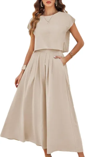 Mingzhu Womens 2 Piece Outfits Skirt Set Summer Casual Cap Sleeve Crop Tops Maxi Dress Sets with Pockets
