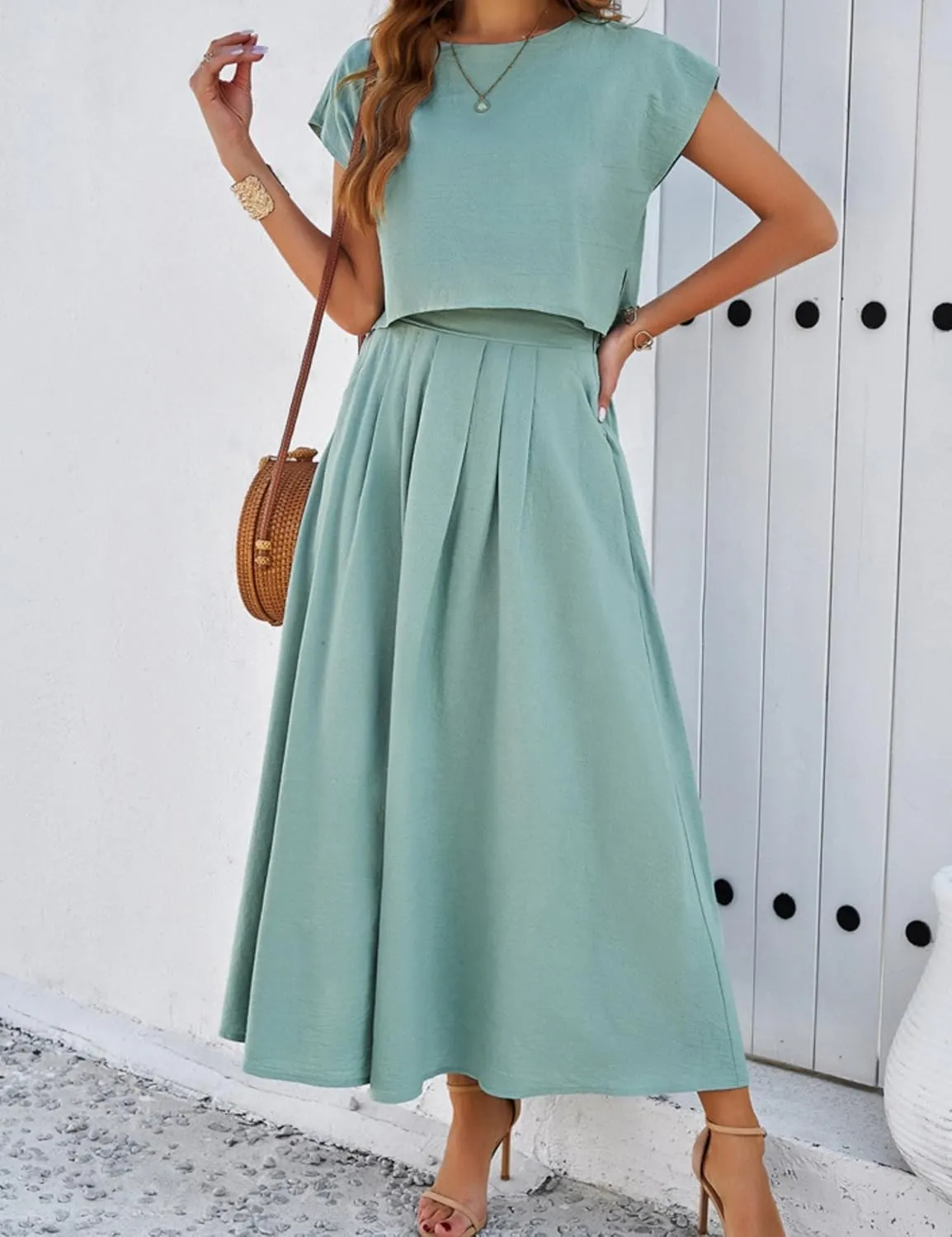 Mingzhu Womens 2 Piece Outfits Skirt Set Summer Casual Cap Sleeve Crop Tops Maxi Dress Sets with Pockets