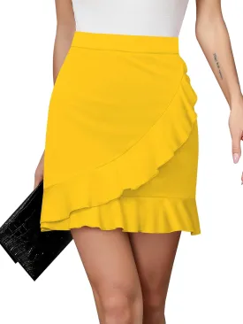 Missufe Women's Summer Casual Wrap Ruffle Hem High Waist Stretch Solid Mini Short Skirt