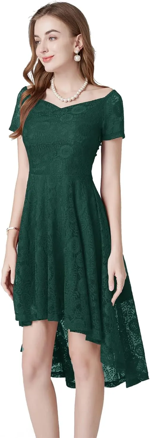 MllesReve Vintage Floral Lace Women Cocktail Party Dress High Low Swing Dress Formal Wedding Guest Dress