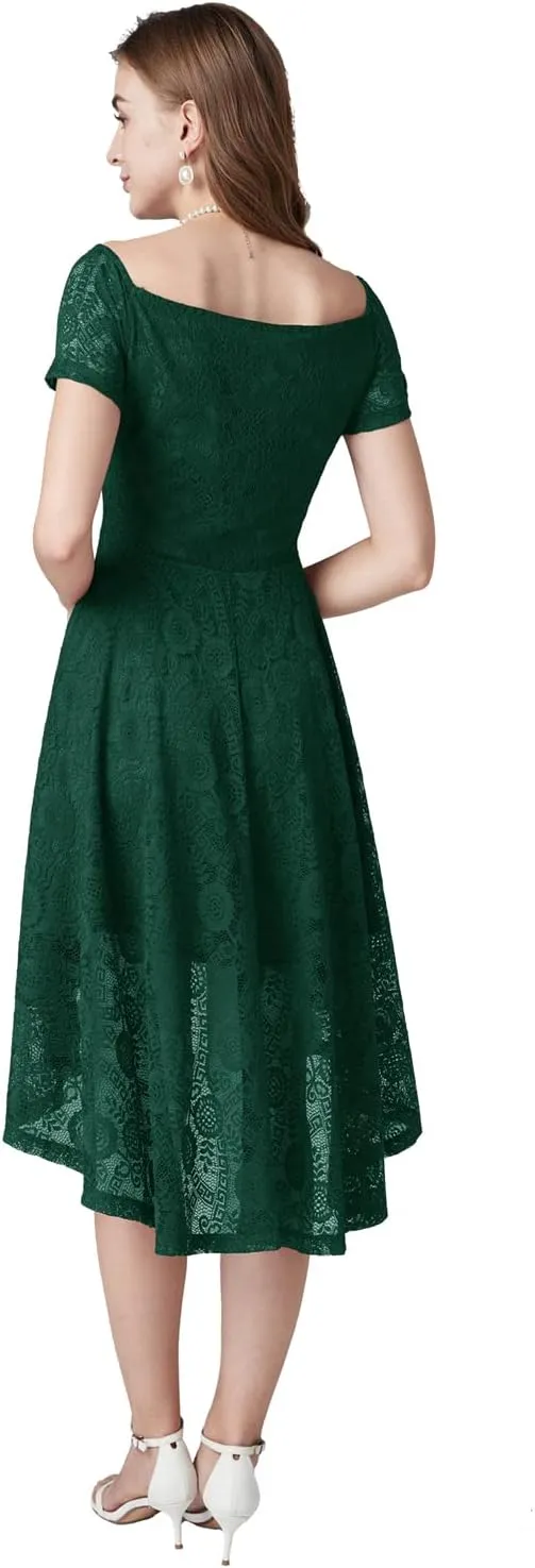 MllesReve Vintage Floral Lace Women Cocktail Party Dress High Low Swing Dress Formal Wedding Guest Dress