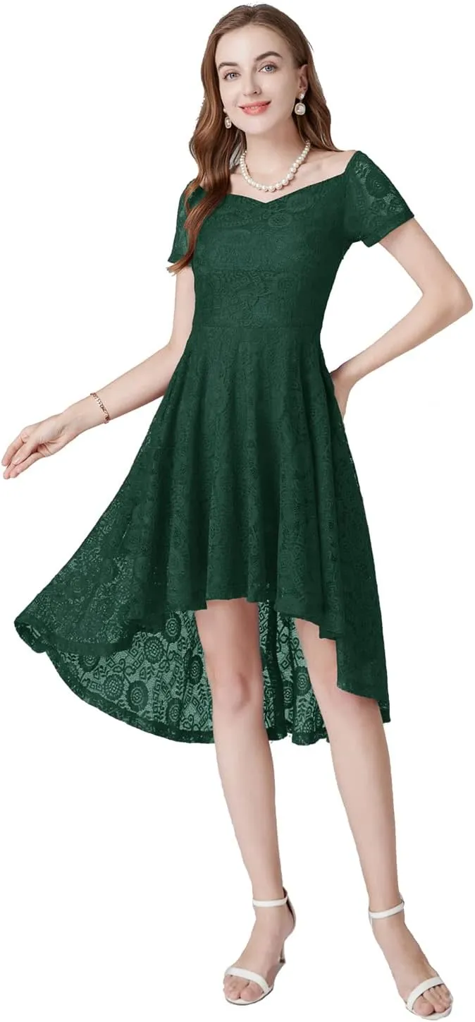 MllesReve Vintage Floral Lace Women Cocktail Party Dress High Low Swing Dress Formal Wedding Guest Dress