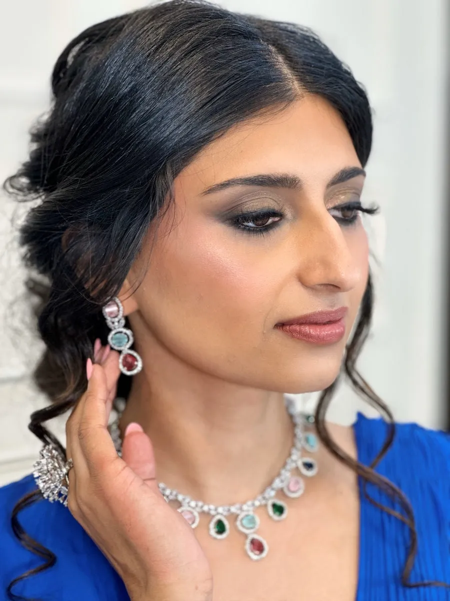 Multicolor Stone and Silver American Diamond Necklace Set with Stone Drop Earrings