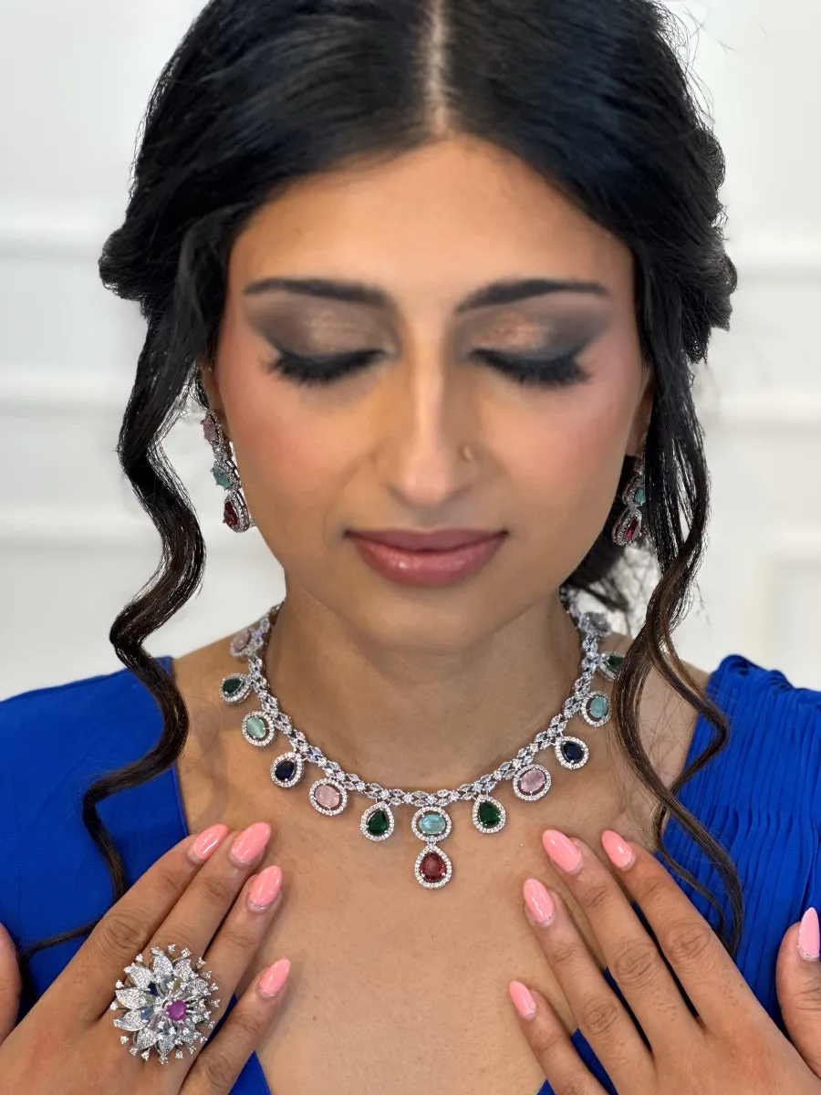 Multicolor Stone and Silver American Diamond Necklace Set with Stone Drop Earrings