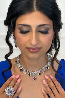 Multicolor Stone and Silver American Diamond Necklace Set with Stone Drop Earrings