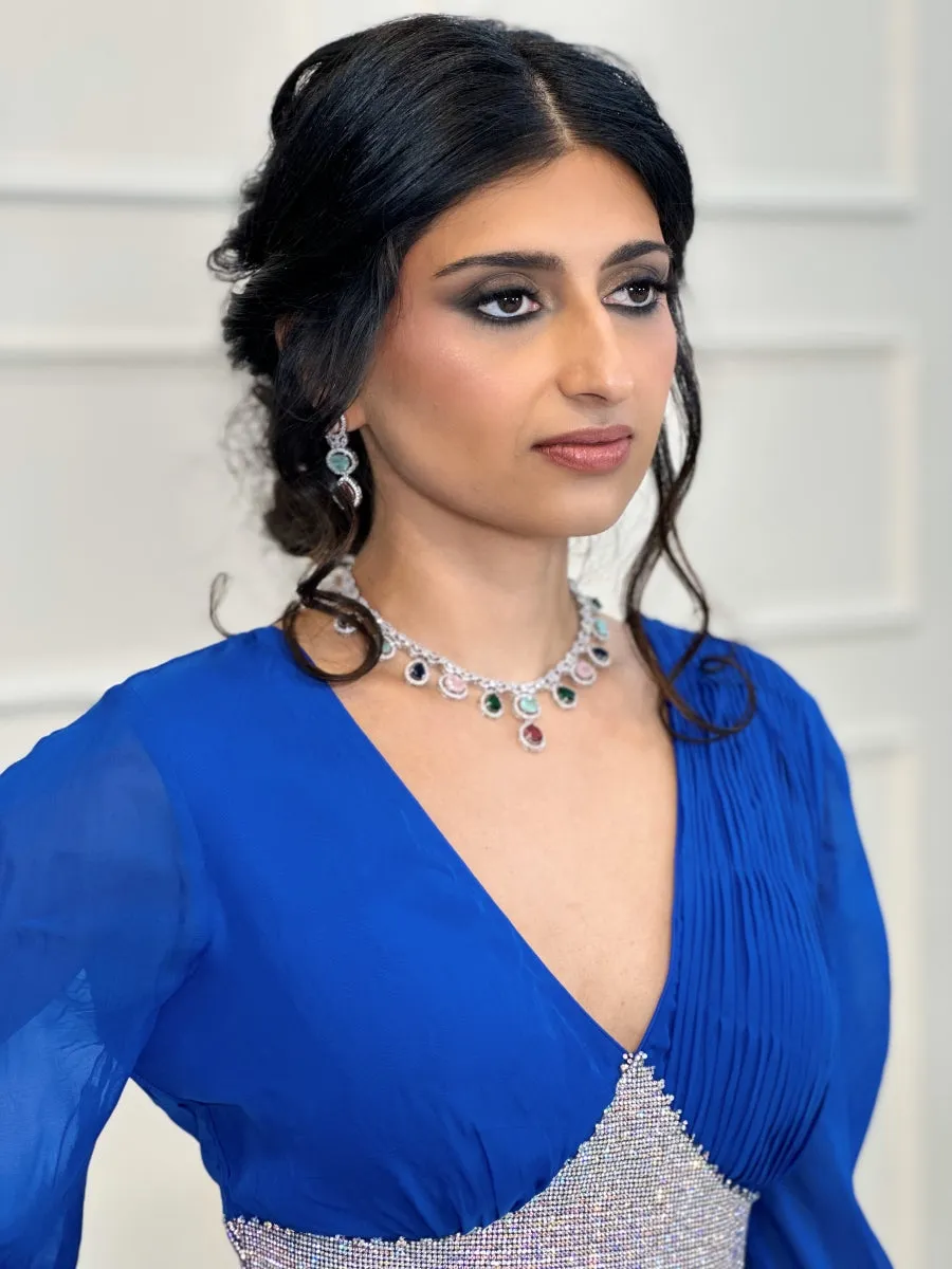 Multicolor Stone and Silver American Diamond Necklace Set with Stone Drop Earrings
