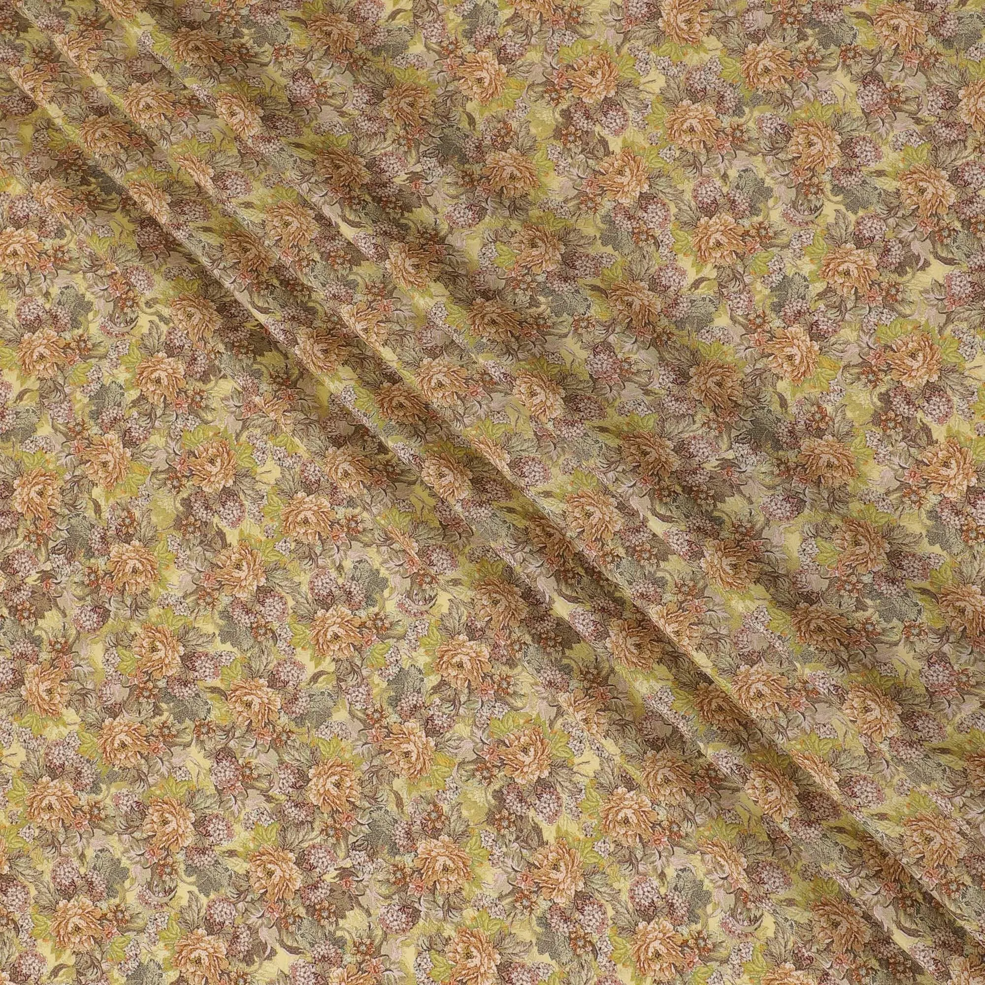 Mustard yellow viscose crepe fabric with multicolor print in floral design-D15650