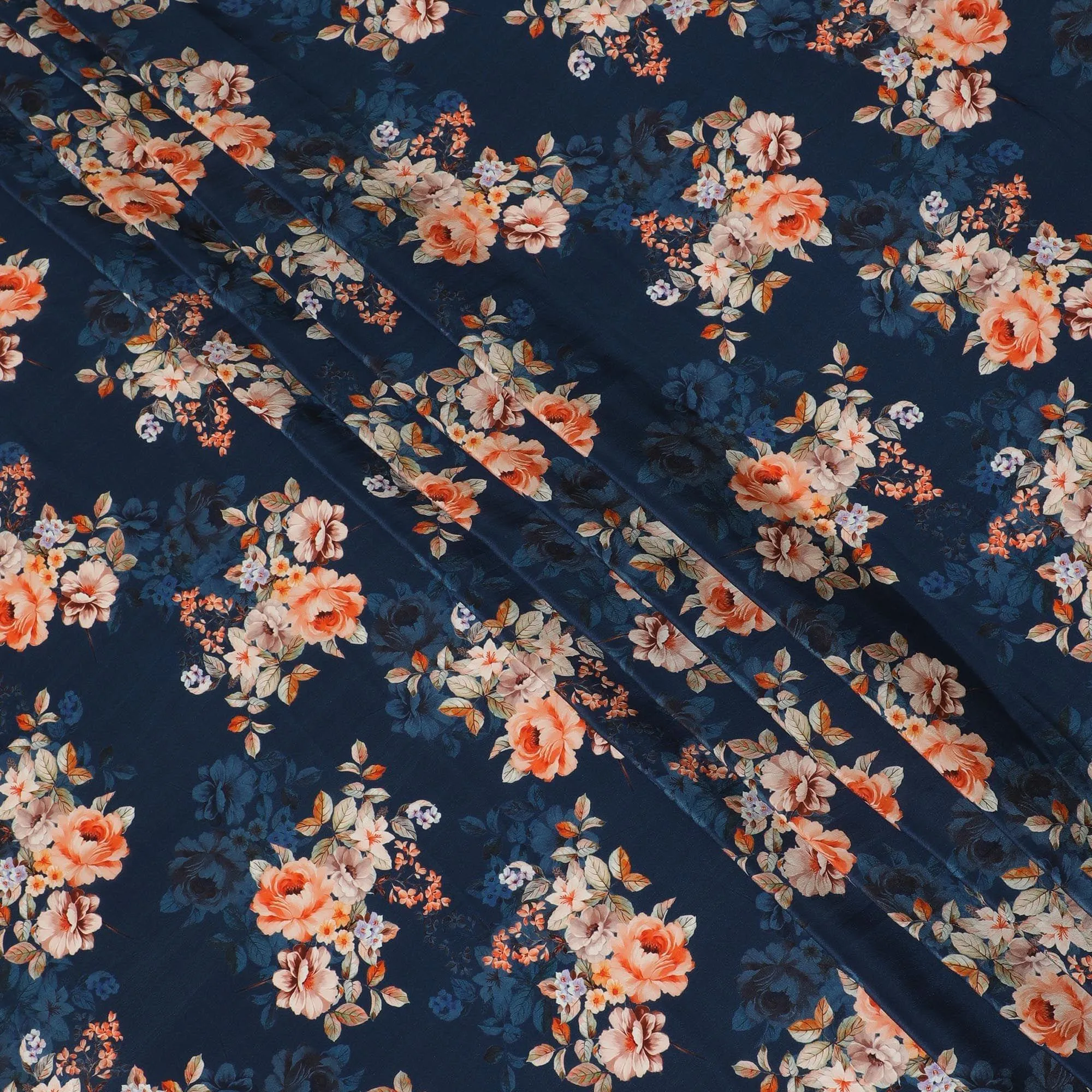 Navy blue premium pure silk crepe fabric with multicolor print in floral design-D13858