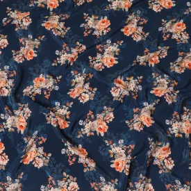 Navy blue premium pure silk crepe fabric with multicolor print in floral design-D13858