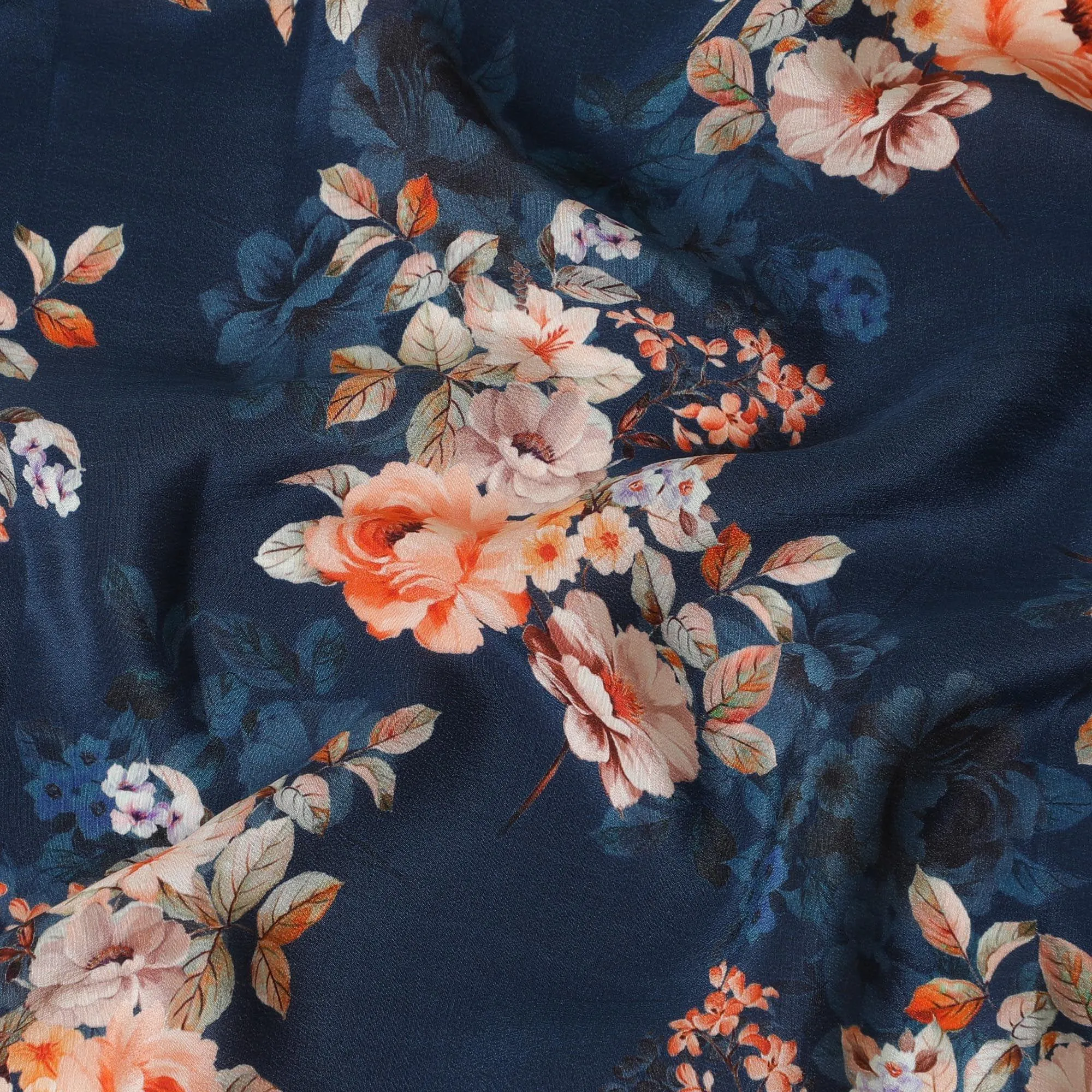 Navy blue premium pure silk crepe fabric with multicolor print in floral design-D13858