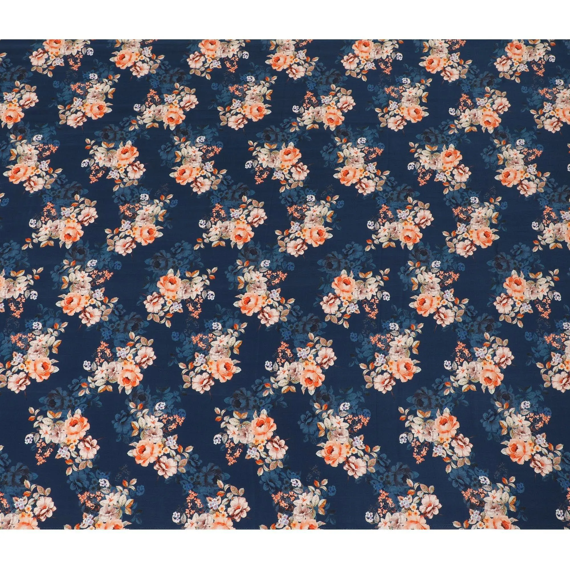 Navy blue premium pure silk crepe fabric with multicolor print in floral design-D13858