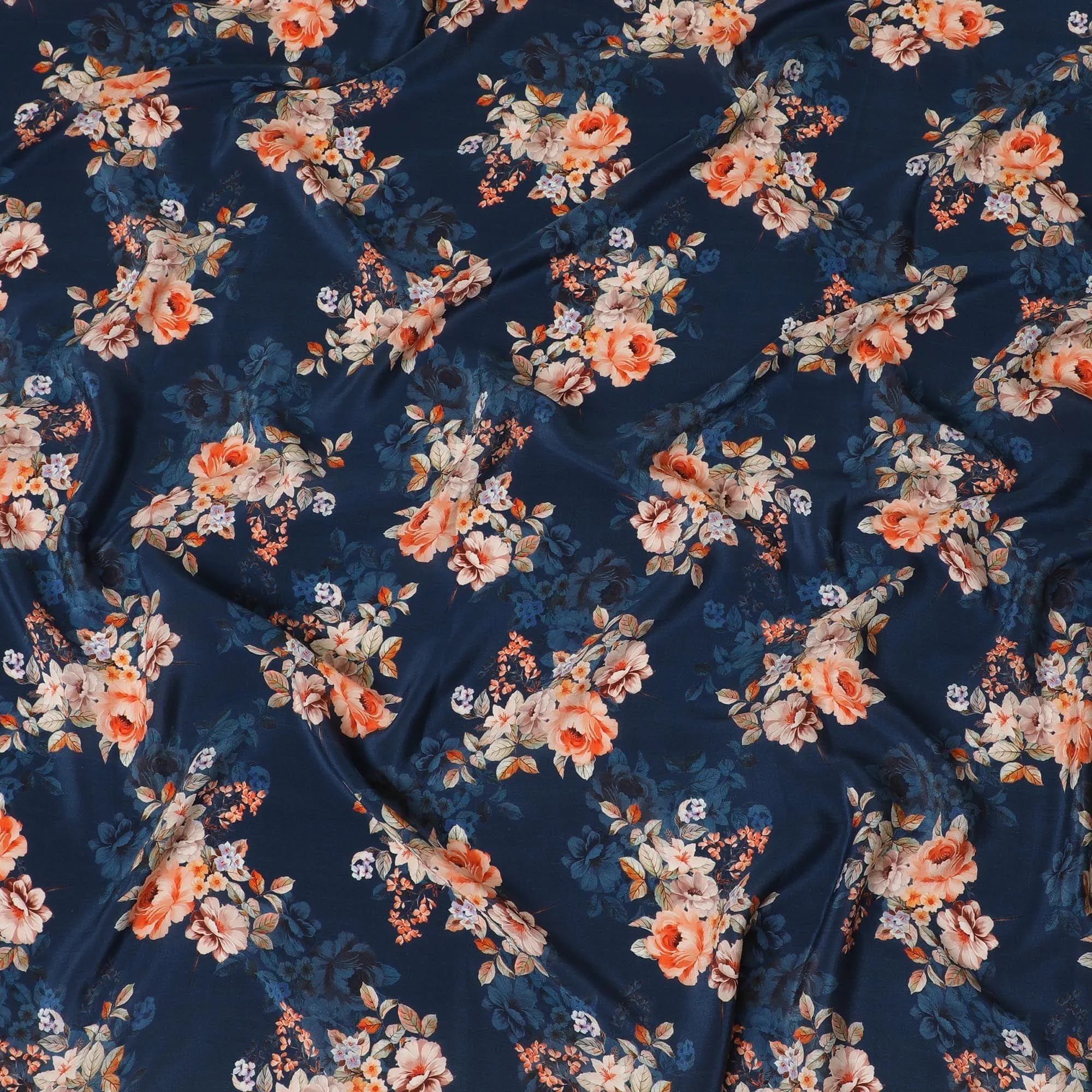 Navy blue premium pure silk crepe fabric with multicolor print in floral design-D13858