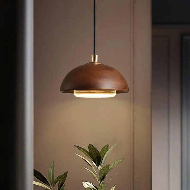 Nordic Minimalist Solid Wood Dome Glass Lampshade LED Pendant Light