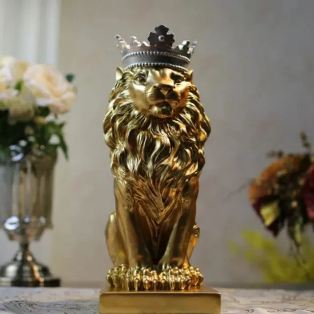 Nordic Resin Lion Sculpture with Crown - Majestic Animal Figurine Statue