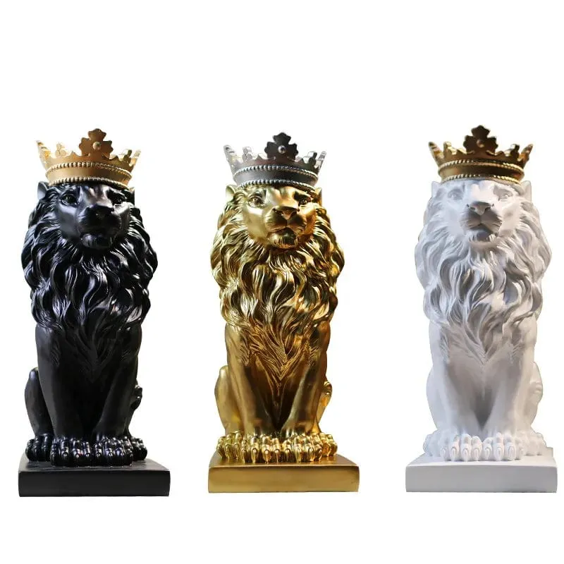Nordic Resin Lion Sculpture with Crown - Majestic Animal Figurine Statue